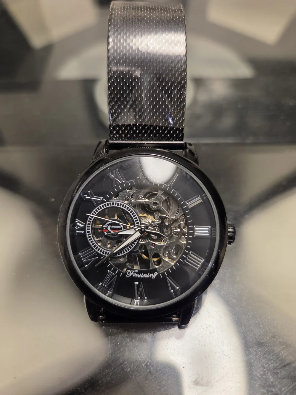 Black Skeleton Mechanical Men's Watch with Mesh Strap